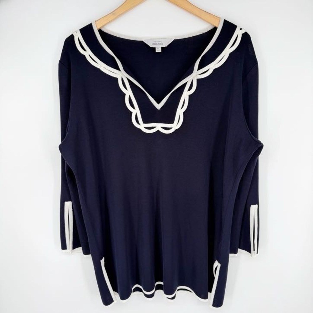 Misook Scallop Wave Accent Tunic Top Women XL Navy V-Neck Knit Nautical Pullover